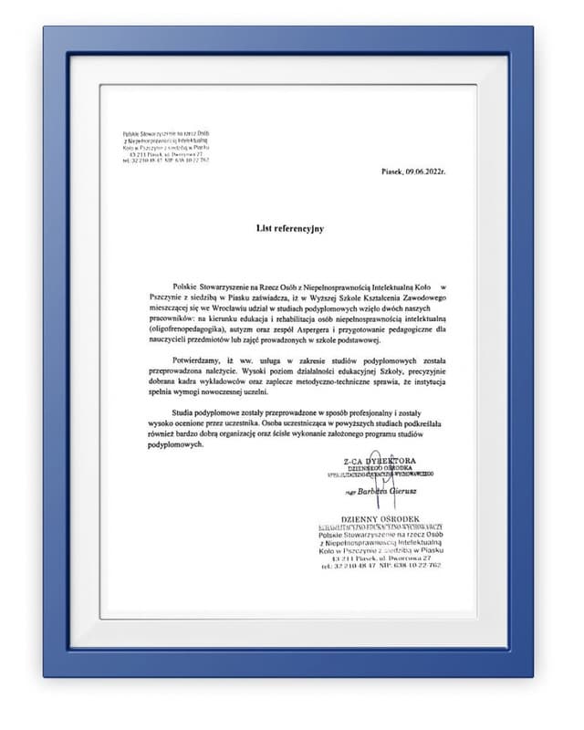 Referencje Polskie Stowarzyszenie Na Rzecz Osób z Niepełnosprawnością Intelektualną Koło w Pszczynie z siedzibą w Piasku